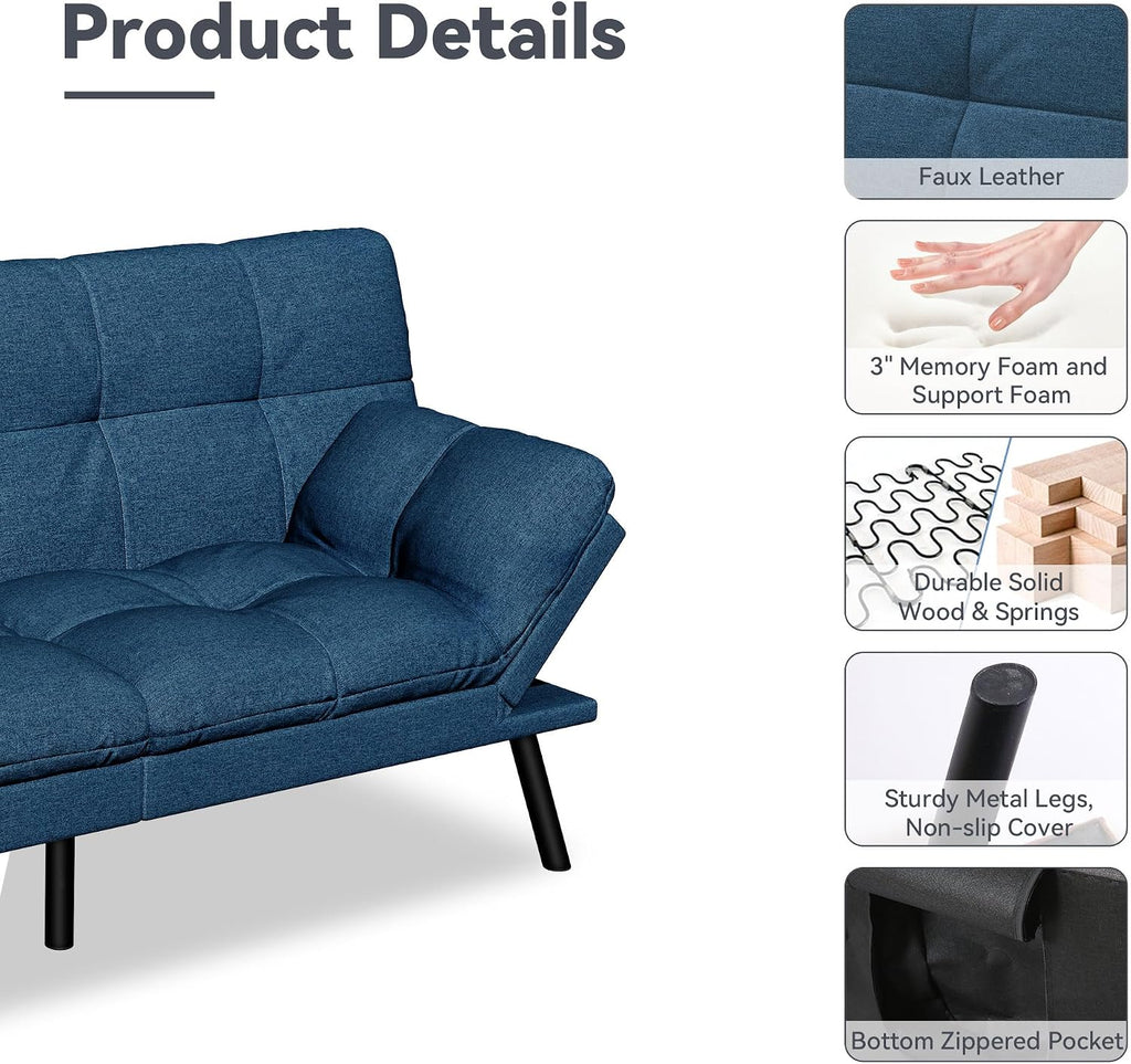 Convertible Futon Sofa Bed,Linen Futon Couch with Detachable Cushion,Adjustable Backrest & Armrest,Modern Small Loveseat Sleeper Recliner for Living Room,Office,Apartment,Blue