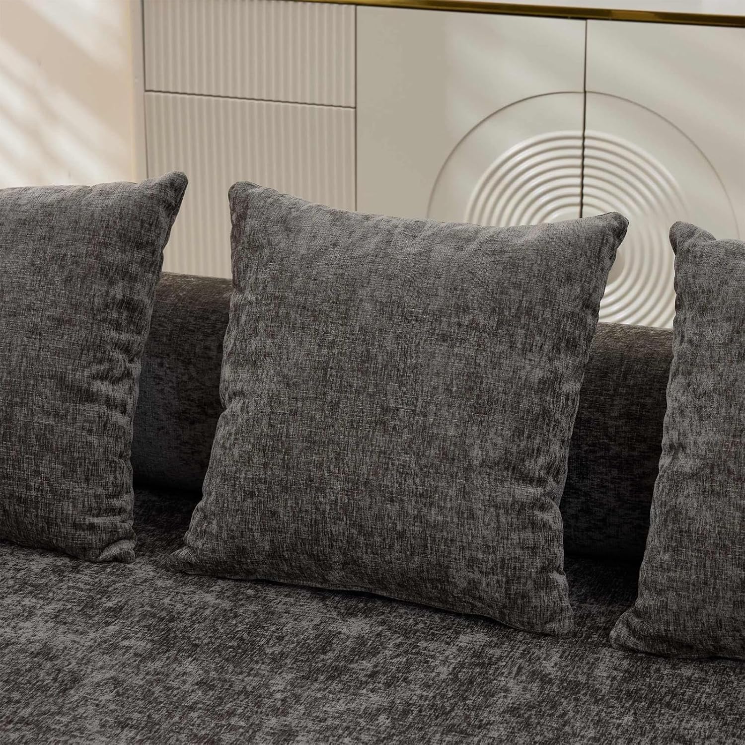 Futon Sofa Bed, Modular Convertible Folding 3 Seater Chenille Foam Floor Loveseat Sleeper Sofa Couch with 3 Pillows, No Assembly Compressed Boneless Couch, for Living Room Bedroom Guest Room, Grey