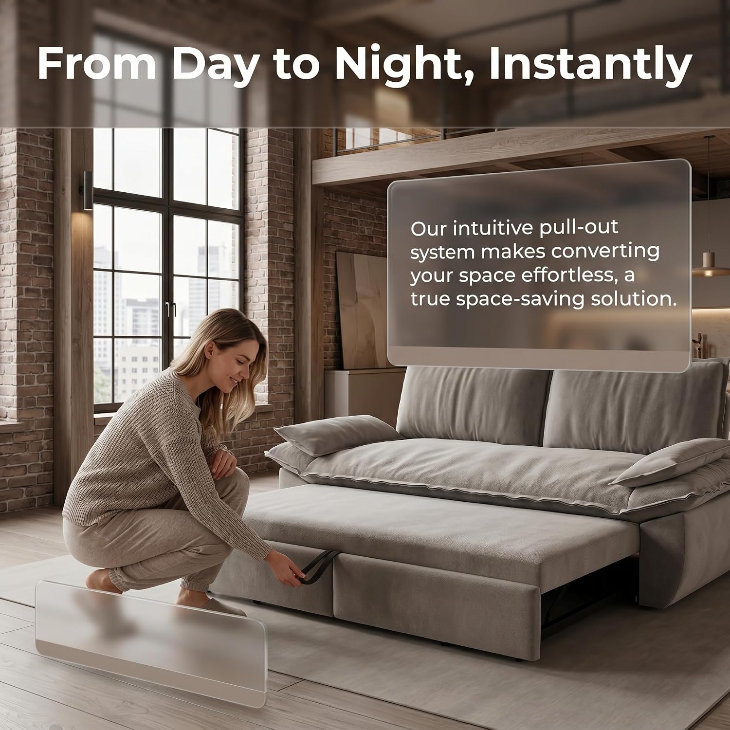 73.2' Sofa Bed Queen, 3-in-1 Pull Out Sofa Bed with Pillow Armrest, Modern Velvet Convertible Sleeper Futon Sofa for Living Room Small Space, Apartment, Bedroom, Grey
