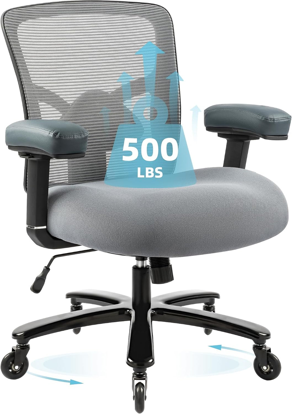 500LBS Big and Tall Office Chair with 4D Armrests & Adjustable Backrest, Heavy Duty Office Chair for Heavy People, Memory Foam Seat Filling Springs, Grey