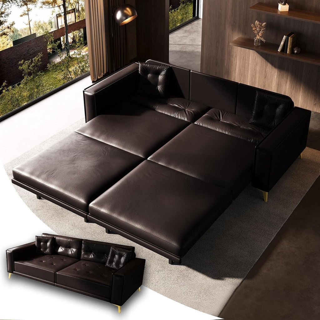 92.1'' King Pull Out Sofa Bed, Convertible Futon Couch, 3-in-1 Faux Leather Sleeper Sofa with Tufted Back, 2 Pillows, Gold Legs, Deep Folding Loveseat for Living Room, Apartment, Dark Brown