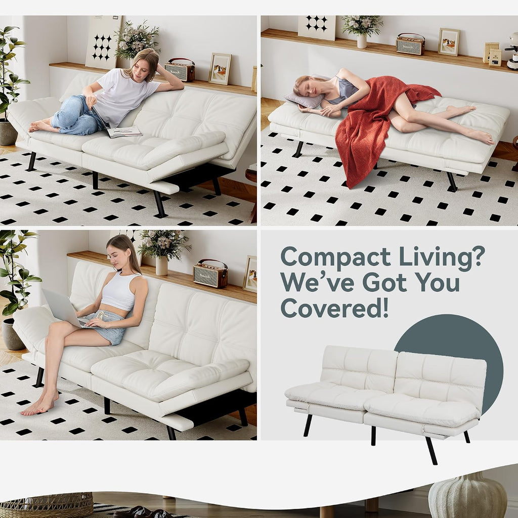 Futon Sofa Bed Convertible Couch, White Faux Leather Sofa Bed with Memory Foam, Adjustable Backrest & Armrests, Multifunctional Small Loveseat Sleeper Sofa for Living Room, Apartment, Office