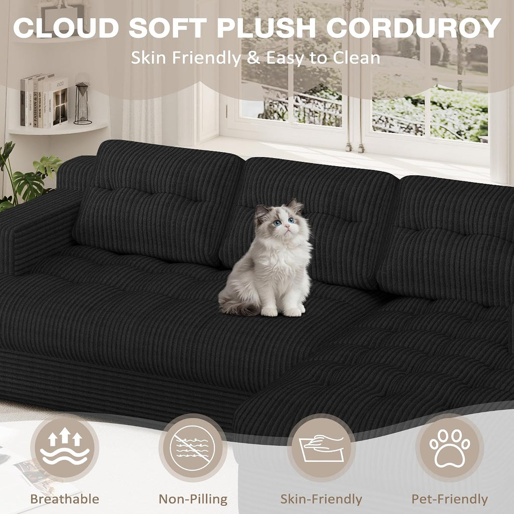 Boneless Couch, 2026 New Boneless Sectional Couch with Deep Seat & Chaise for Small Spaces, Upholstered Cloud Couch Sectional Boneless Couches for Living Room, No Assembly, Right Facing Chaise, Black