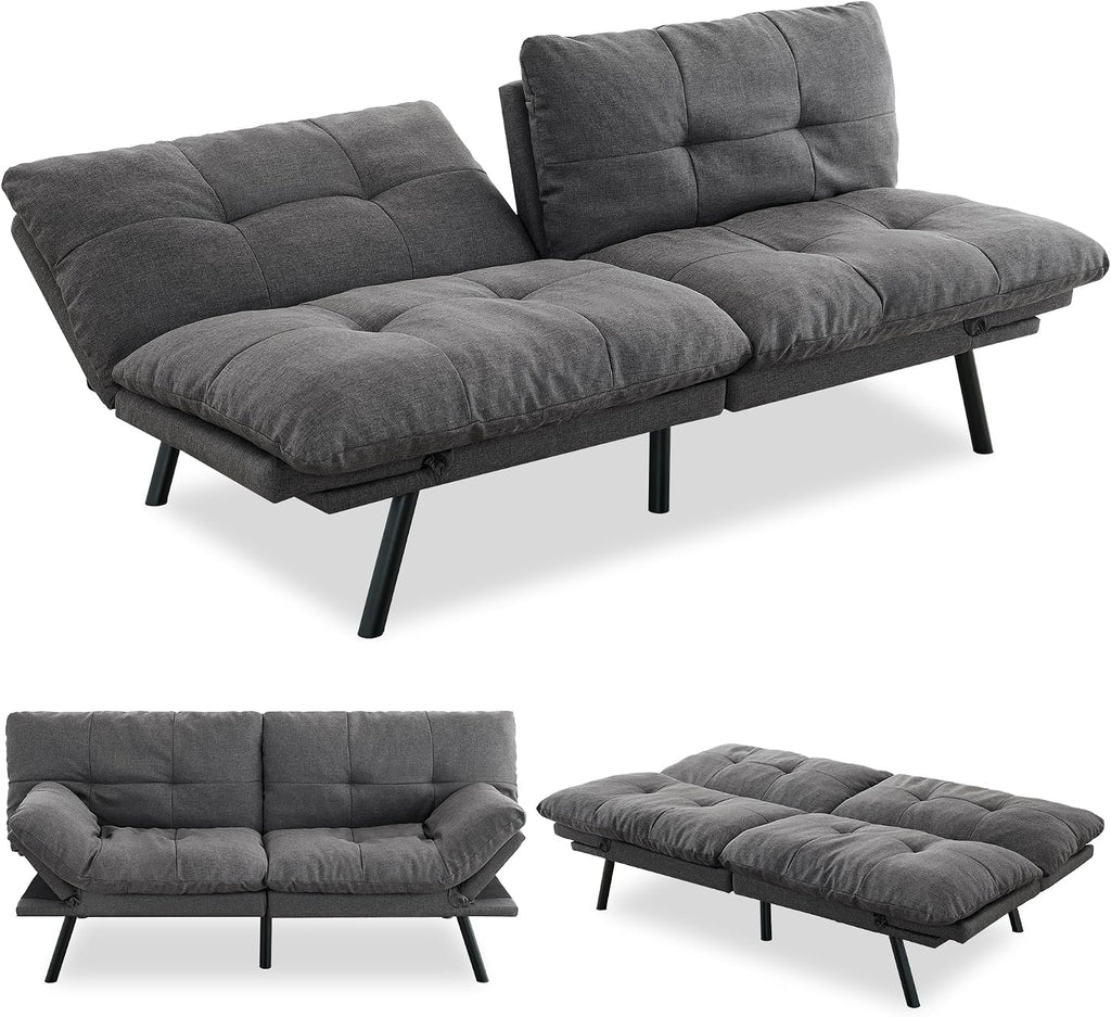 Convertible Futon Sofa Bed,71' Modern Fabric Futon Couch with Adjustable Backrest&Armrest,Small Loveseat Sleeper Sofa,Dorm Futonsofa for Apartment,Living Room,Detachable Cushions,Fog Grey