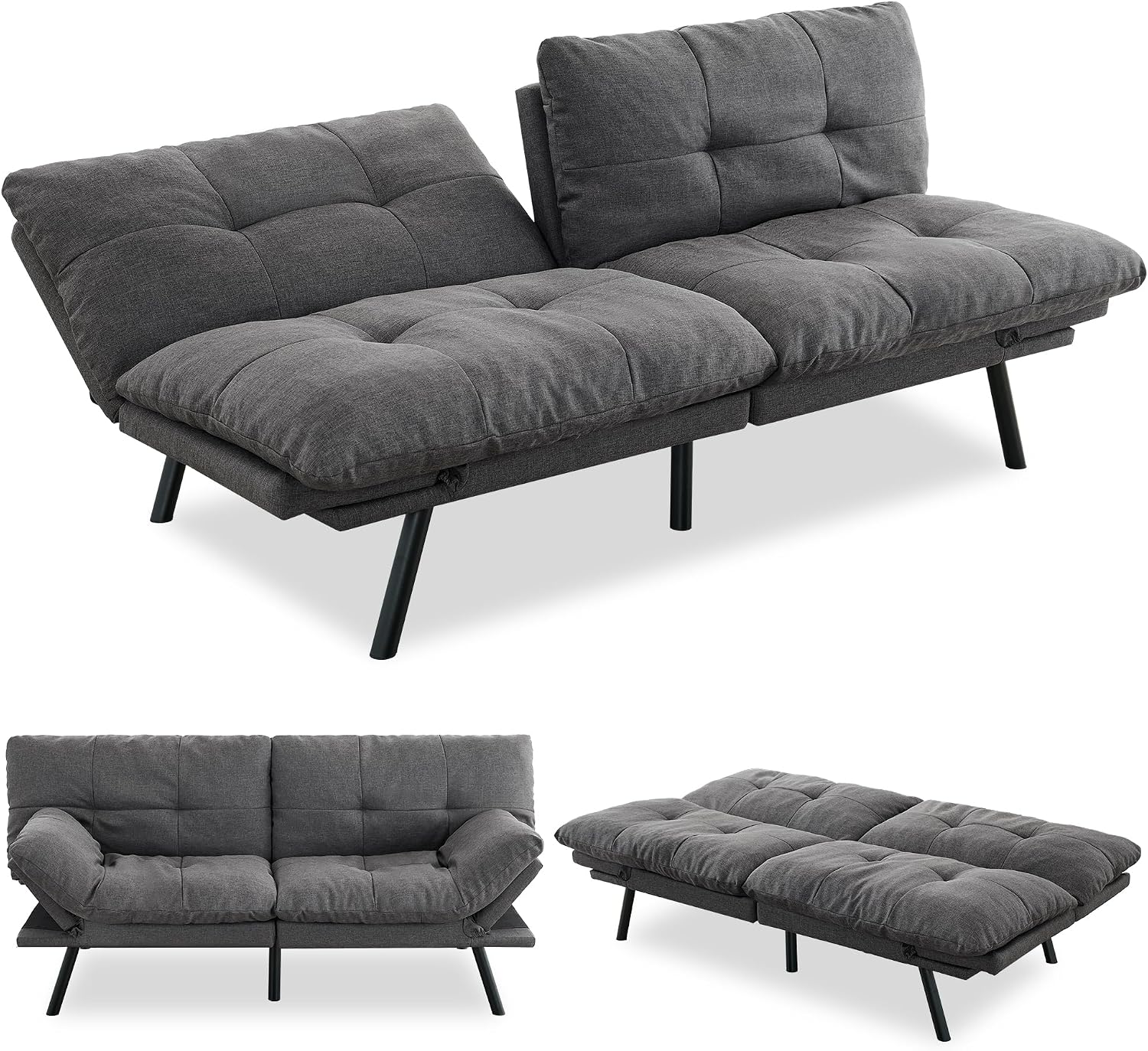 Convertible Futon Sofa Bed,71' Modern Fabric Futon Couch with Adjustable Backrest&Armrest,Small Loveseat Sleeper Sofa,Dorm Futonsofa for Apartment,Living Room,Detachable Cushions,Fog Grey