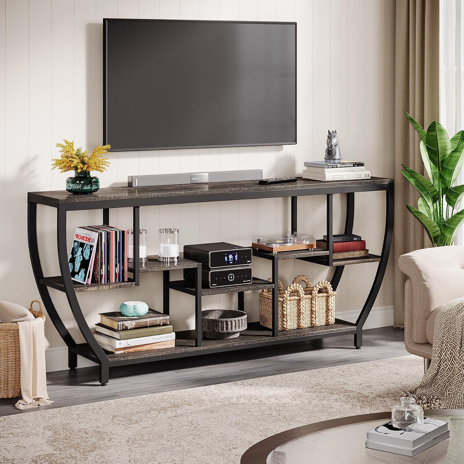 Tribesigns TV Stand for Televisions up to 80 Inches, 70.9 Inches Entertainment Center with Storage Shelves, Wood TV Media Console Table Unit for Living Room, Bedroom, Dark Grey