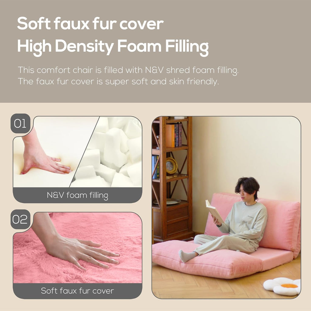 N&V Folding Matress Sofa Bean Bag Bed, Foam Filling Folding Matress Sofa, Includes Removable and Machine Washable Cover, Soft Premium Faux Fur (Medium, Champagne)