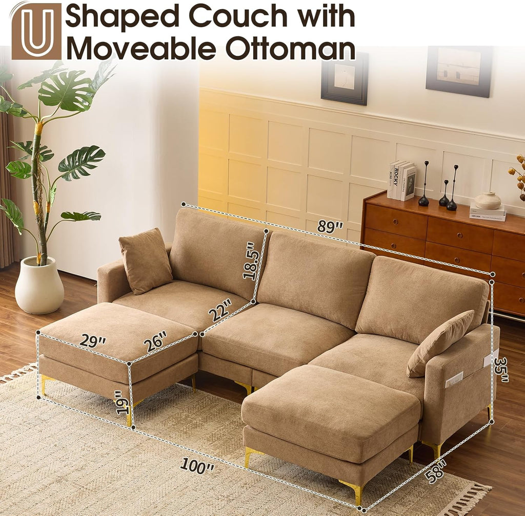 VINGLI 100' W U Shaped Couch with Ottoman, 22' Deep Seat Comfortable Sectional Couches for Living Room, 3 Seater Chenille Fabric Cloud Sofa for Apartment, Small Spaces, Bedroom, Khaki