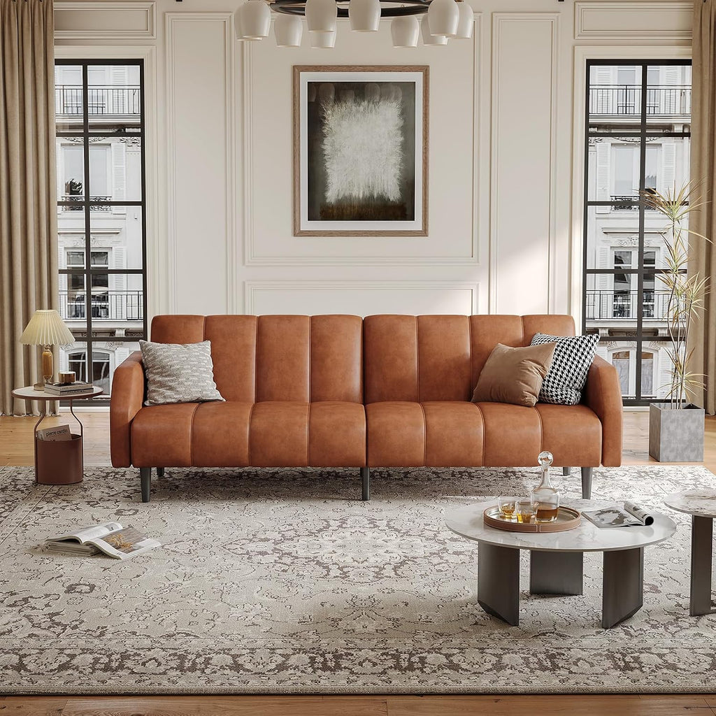 Fadware Faux Leather Couch, Convertible Futon Sofa Bed with Adjustable Backrest, Mid Century Leather Sofa Loveseat with Side Pockets& Metal Leg, Modern Leather Sleeper Sofa for Living Room Bedroom