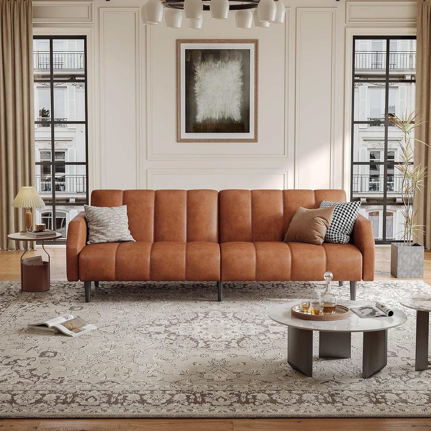 Fadware Faux Leather Couch, Convertible Futon Sofa Bed with Adjustable Backrest, Mid Century Leather Sofa Loveseat with Side Pockets& Metal Leg, Modern Leather Sleeper Sofa for Living Room Bedroom