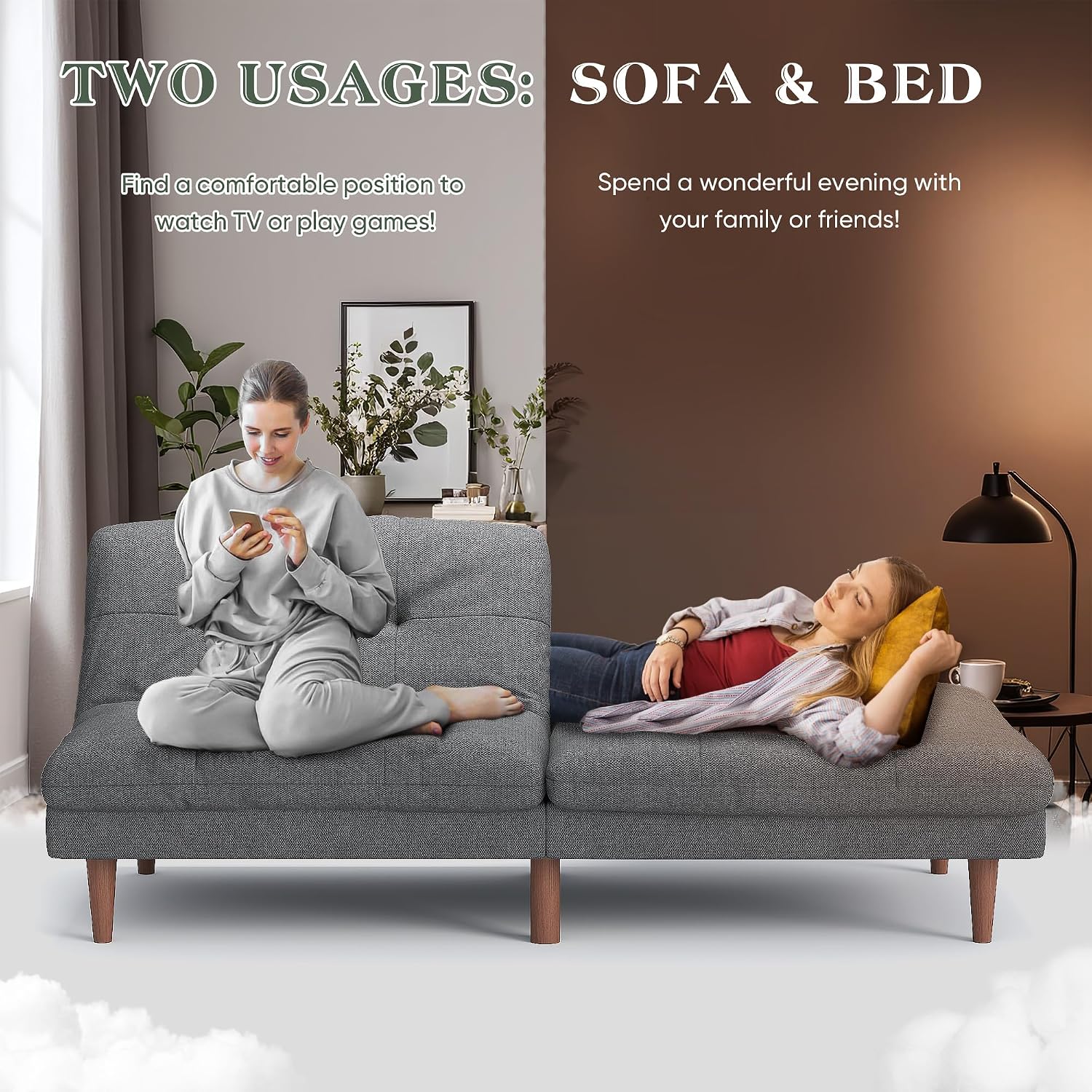 Furmax Futon Sofa Bed Modern Linen Couch Convertible Folding Futon Reclining Sleeper Sofa Couch for Small Space Apartment Loveseat with Adjustable Backrest (Dark Grey)