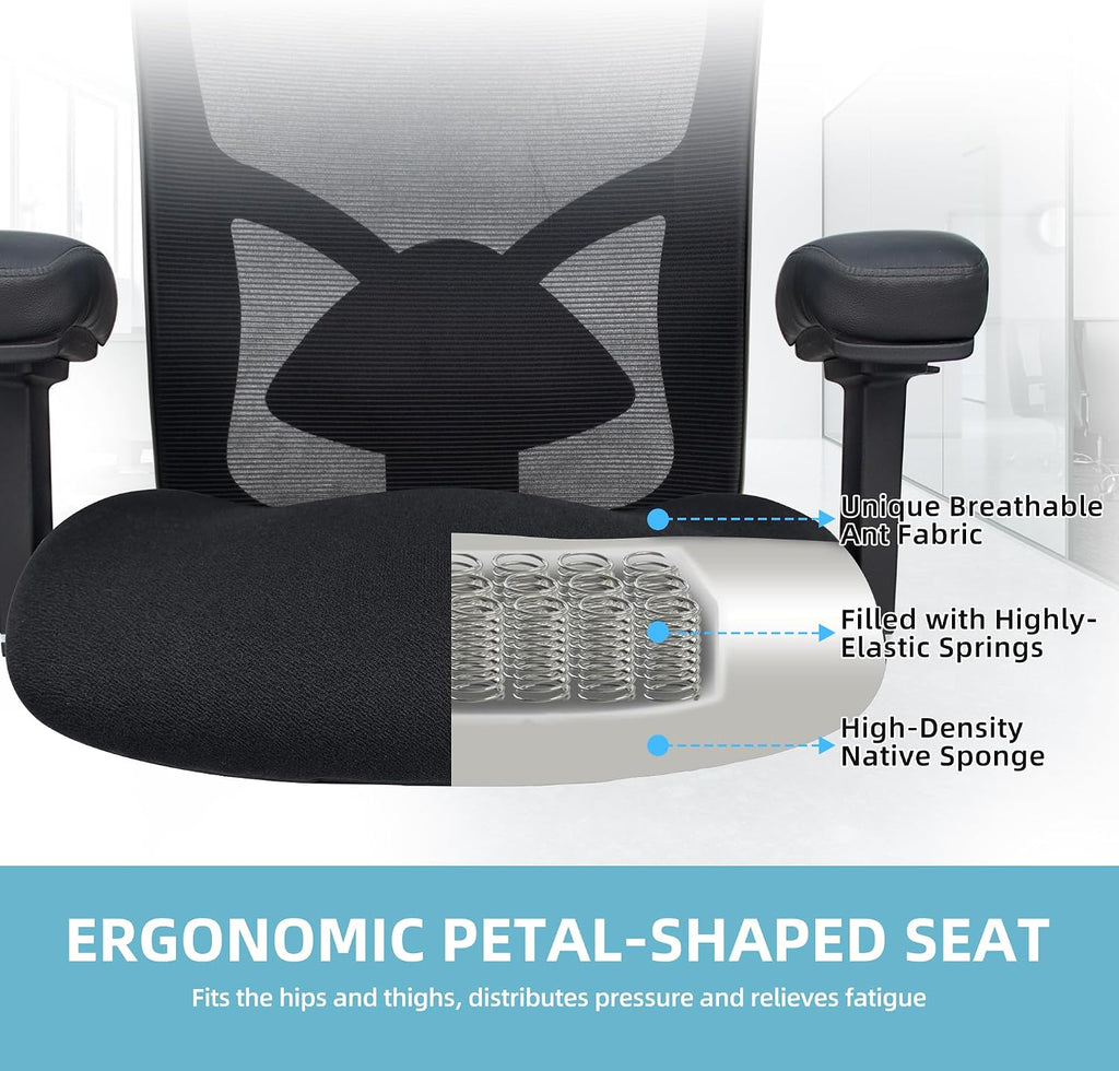 500LBS Big and Tall Office Chair with 4D Armrests & Adjustable Backrest, Heavy Duty Office Chair for Heavy People, Memory Foam Seat Filling Springs, Black