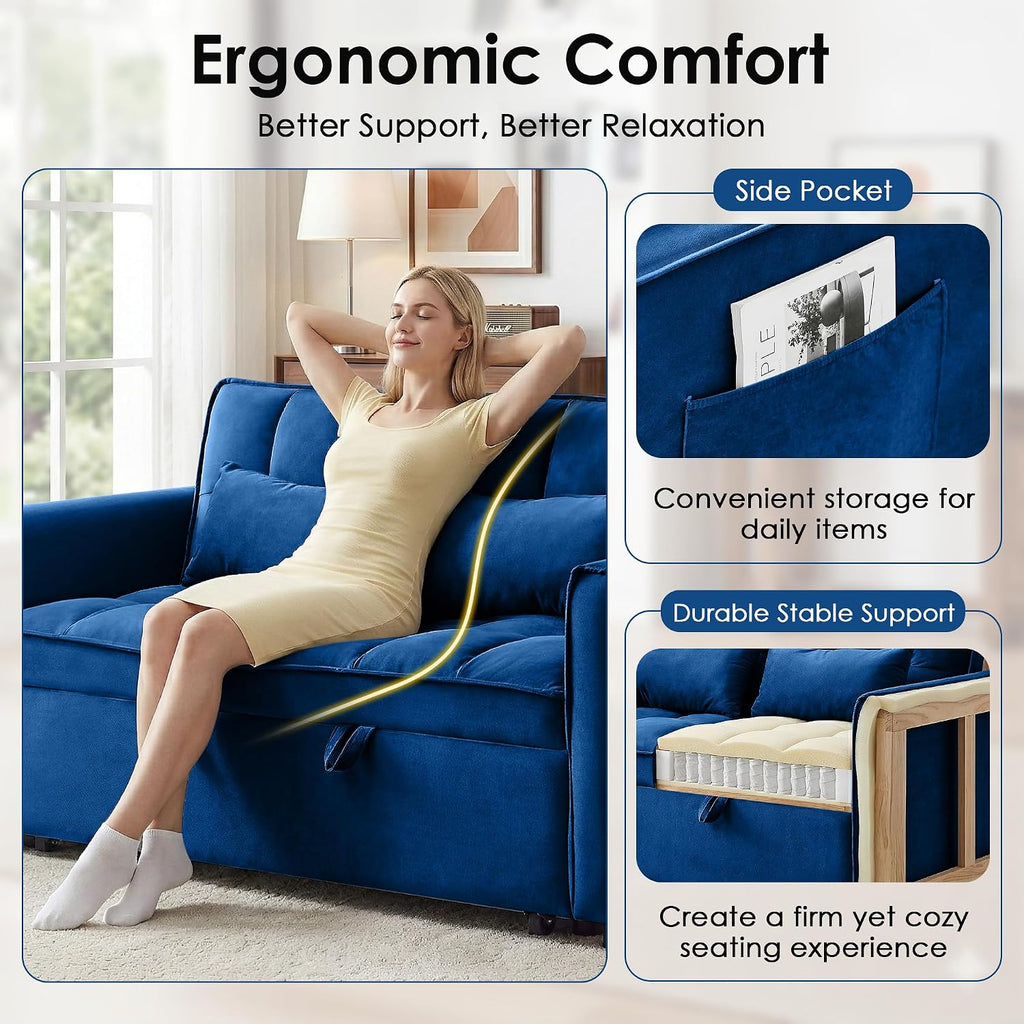 3 in 1 Convertible Sleeper Sofa Bed, 55' Pull Out Couches, Modern Loveseat Sleeper Sofa with Adjustable Reclining Backrest & Side Pockets for Living Room, Velvet Fabric, Blue