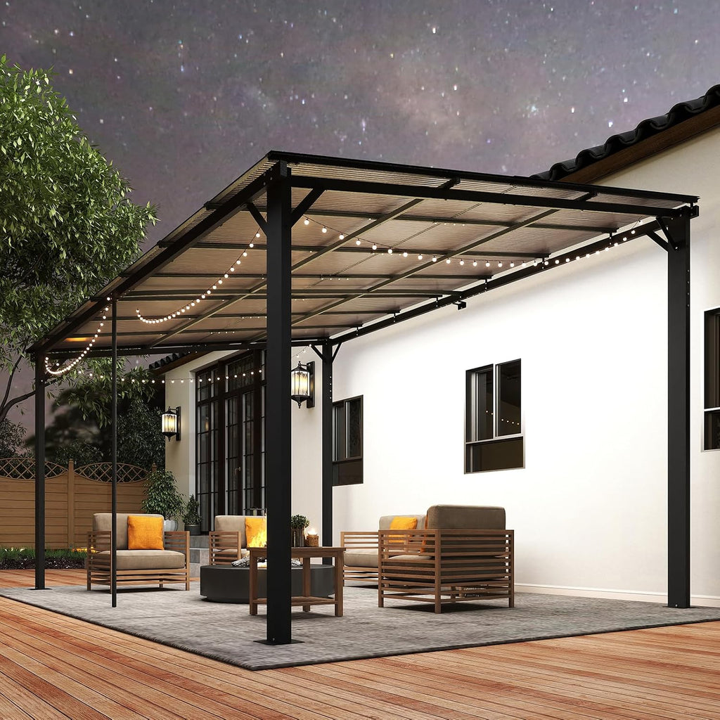 10'×14' Patio Gazebo with Waterproof Fuzzy Strip, Outdoor Gazebo with Innovative Base Support, Wall Mounted Gazebos Pergola with Roof for Backyard, Decks, Garden