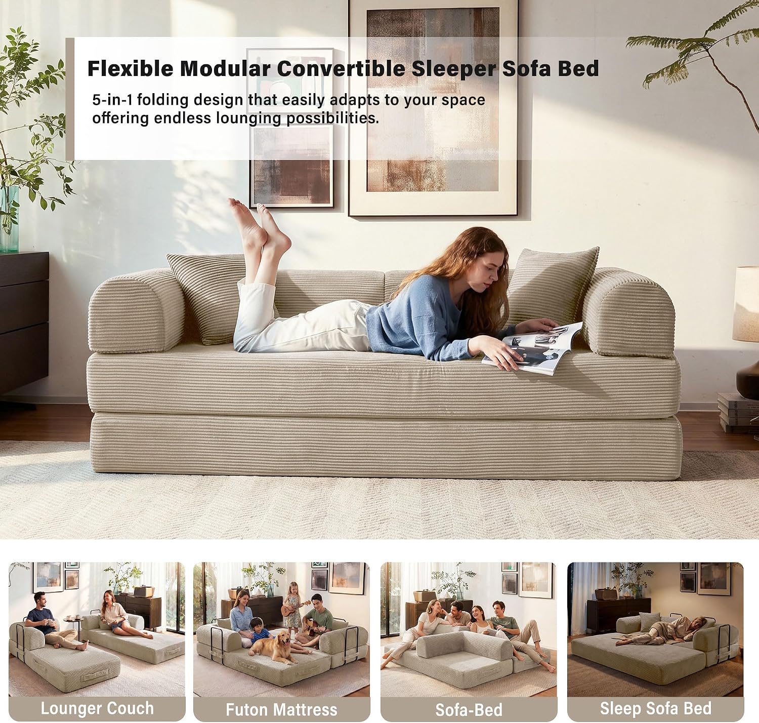 79' Convertible Sofa Bed, 5-in-1 Corduroy Boneless Couch Bed Sofa Pull Out, Memory Foam Couch, No Assembly Futon Couches for Living Room (Beige)