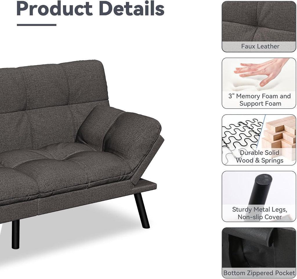 Convertible Futon Sofa Bed,Linen Futon Couch with Detachable Cushion,Adjustable Backrest & Armrest,Modern Small Loveseat Sleeper Recliner for Living Room,Office,Apartment,Dark Grey