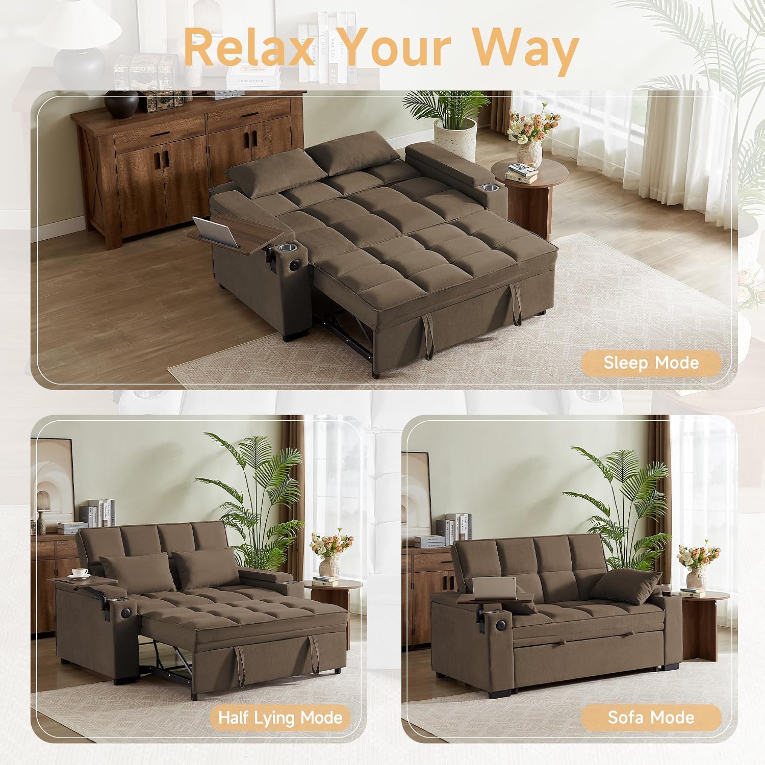 hansones 65'' 3-in-1 Folding Convertible Sofa Bed, Pullout Sofa, Modern Chenille Fabric, 360° Swivel Side Table, Easy Assembly, Perfect for Living Room(ZY-1107A-Brown)