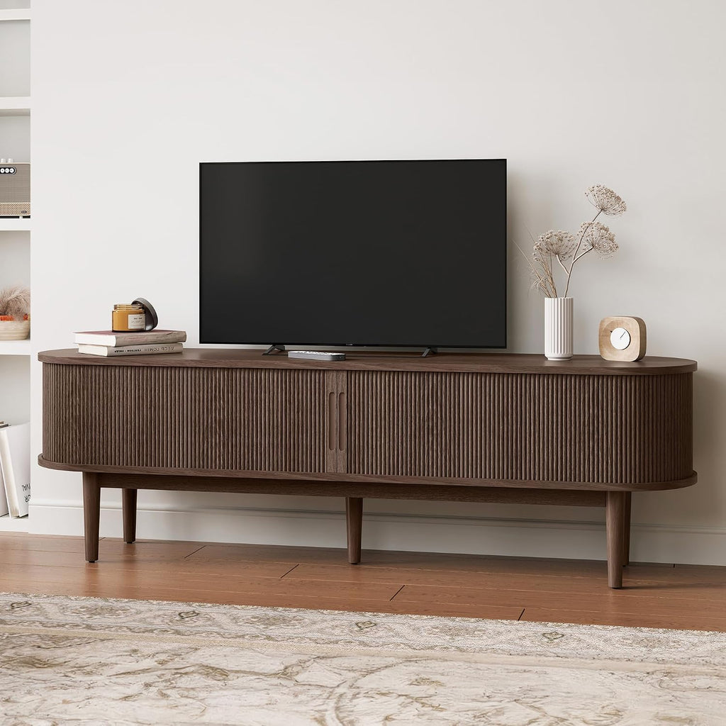 LINSY HOME 70' Fluted TV Stand for TVs up to 80 Inch, Mid Century Modern Entertainment Center with Storage Cabinet and Sliding Doors, Farmhouse Wood Media TV Console for Living Room, Bedroom, Walnut