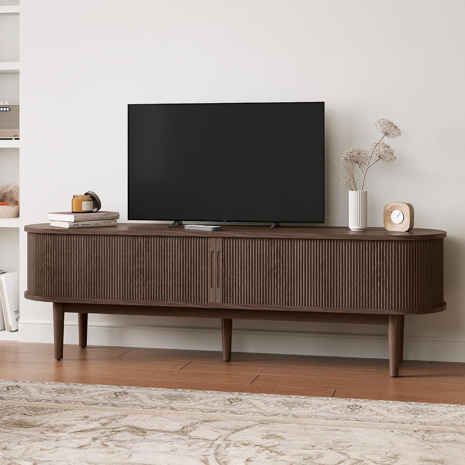 LINSY HOME 70' Fluted TV Stand for TVs up to 80 Inch, Mid Century Modern Entertainment Center with Storage Cabinet and Sliding Doors, Farmhouse Wood Media TV Console for Living Room, Bedroom, Walnut