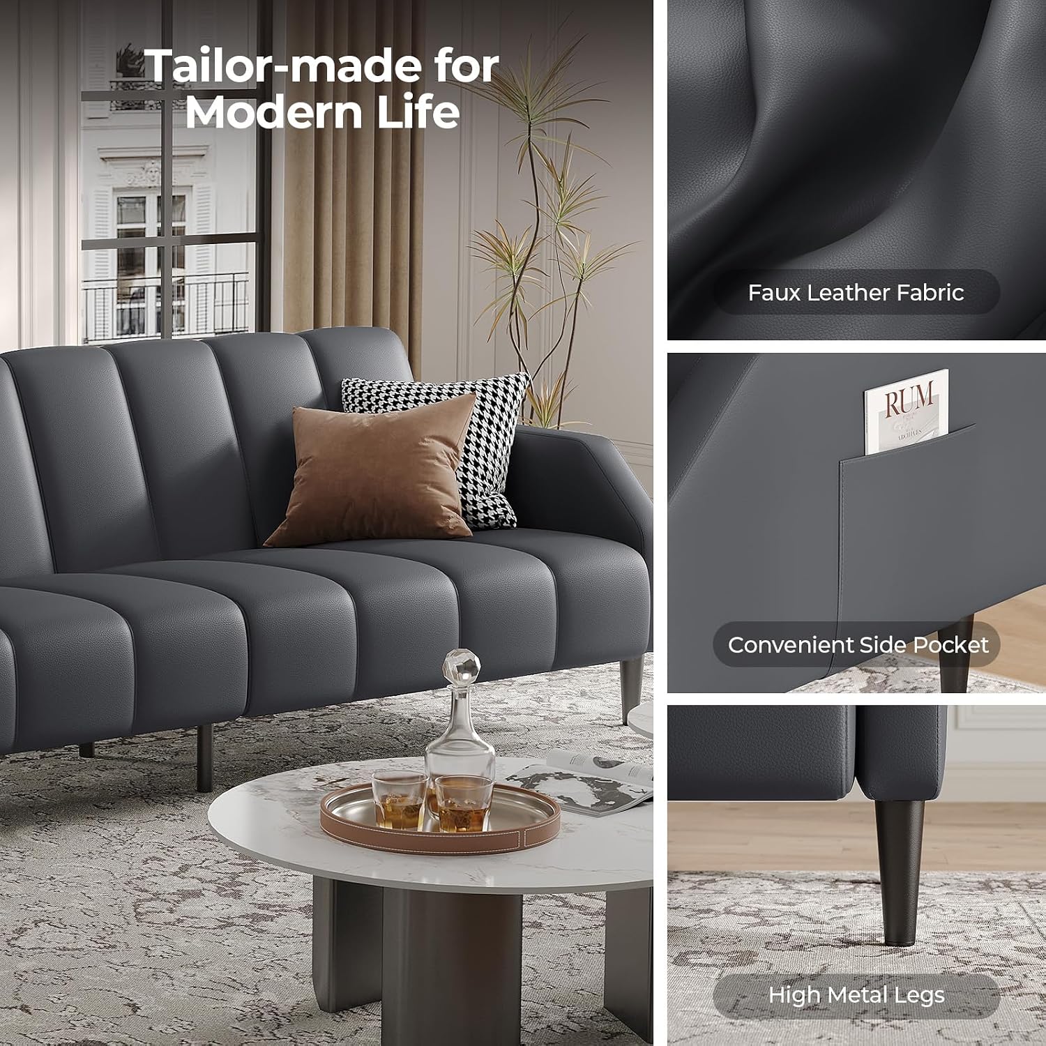 Fadware Faux Leather Couch, Convertible Futon Sofa Bed with Adjustable Backrest, Mid Century Leather Sofa Loveseat with Side Pockets& Metal Leg, Modern Leather Sleeper Sofa for Living Room Bedroom