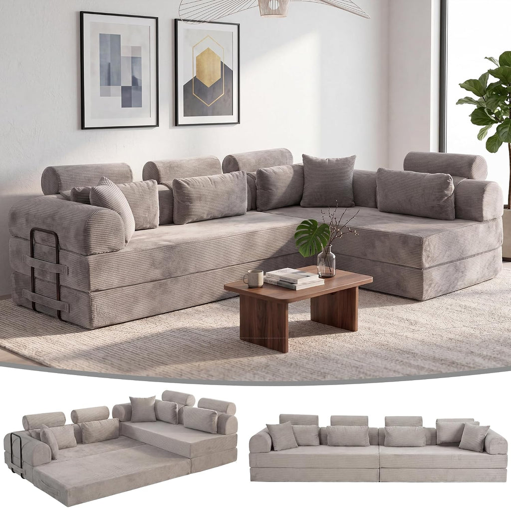 JJJ 108 inch Sofa Bed 4-in-1 Boneless Convertible Corduroy Sleeper Folding L Shaped Couch with Fixed-Shape Frame No Assemble Required 3 Seater Upholstered for Living Room (Light Grey, 108 inch)