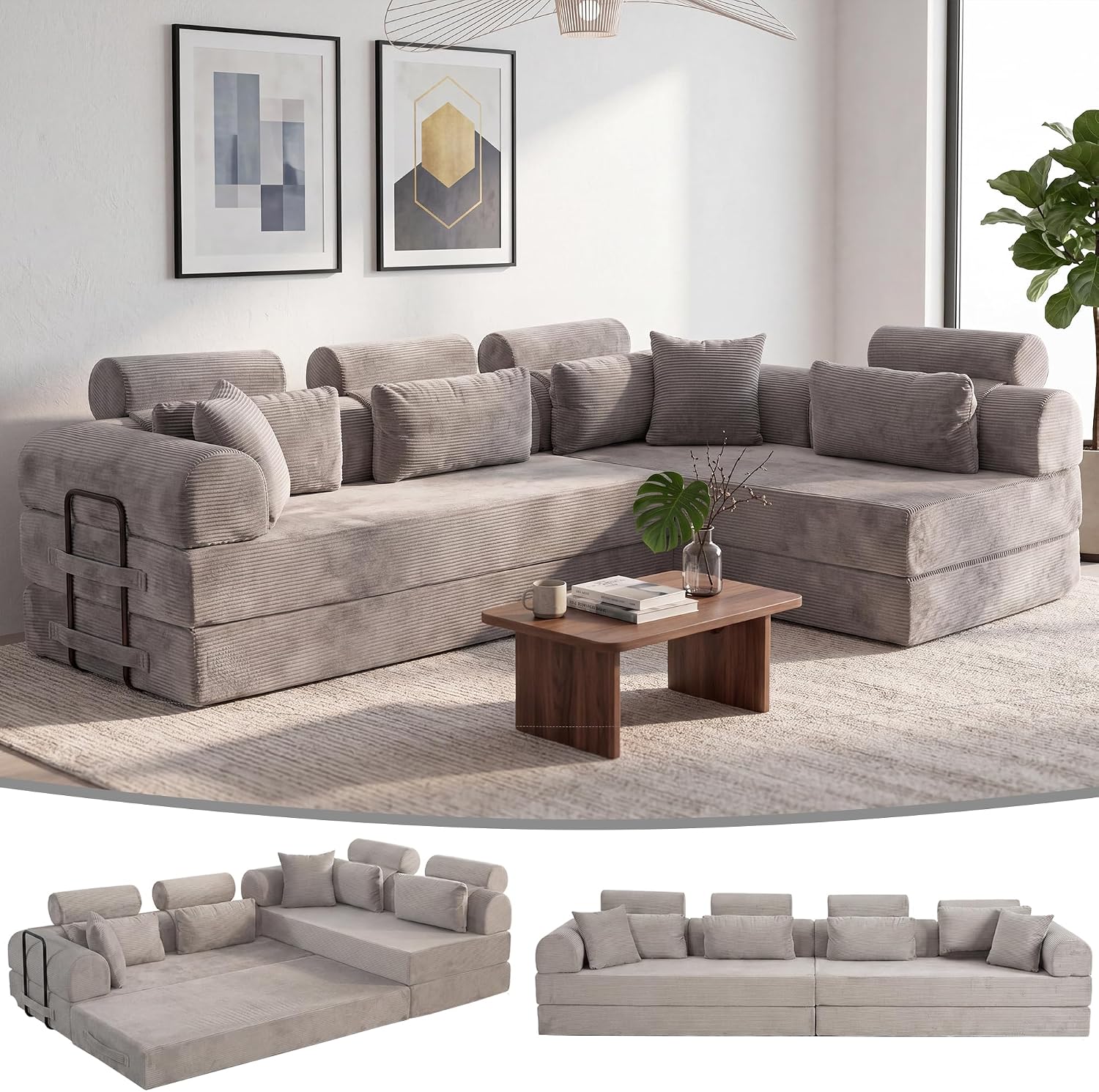 JJJ 108 inch Sofa Bed 4-in-1 Boneless Convertible Corduroy Sleeper Folding L Shaped Couch with Fixed-Shape Frame No Assemble Required 3 Seater Upholstered for Living Room (Light Grey, 108 inch)
