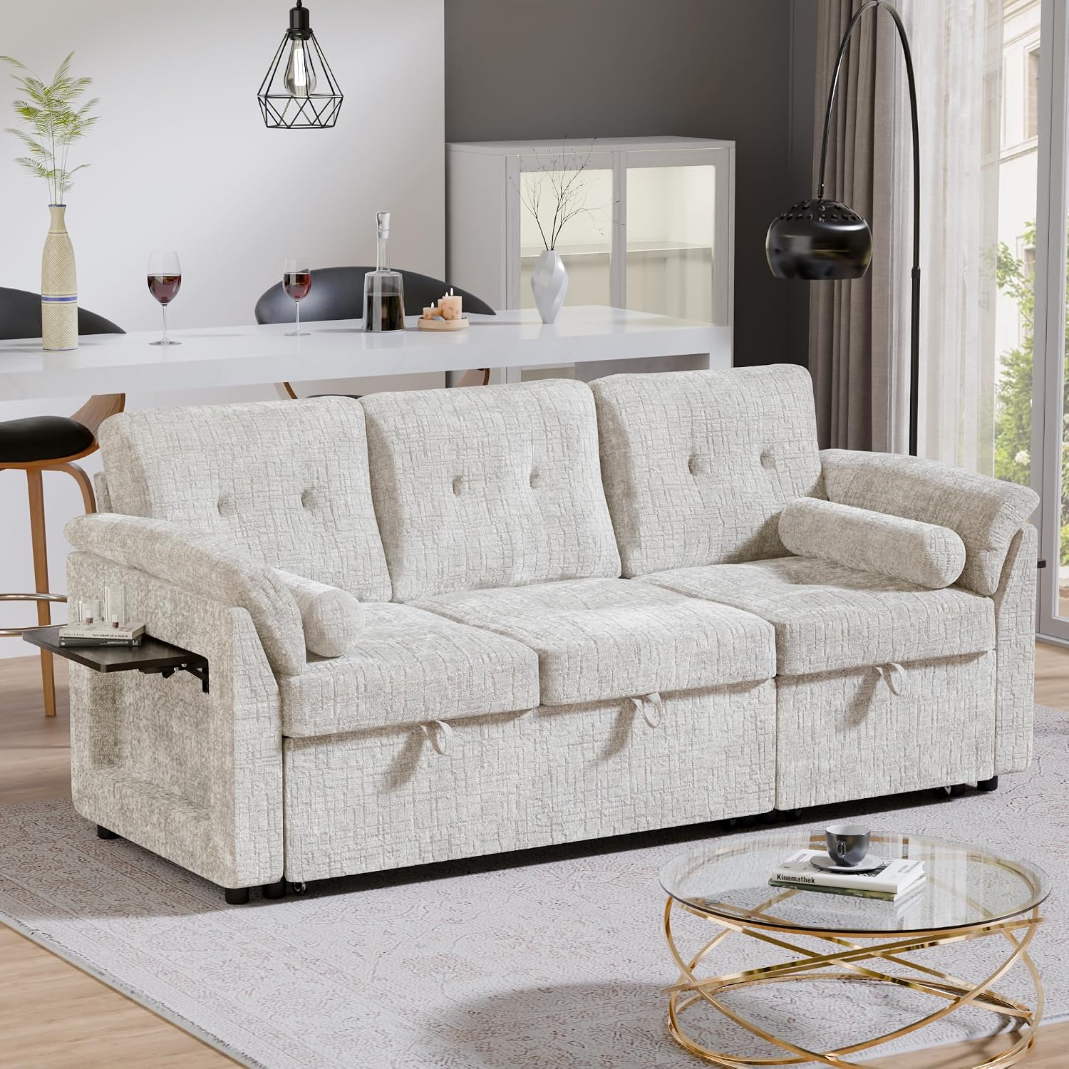 Convertible Sleeper Sofa Bed, 63 Inch Chenille Pull Out Couch with Side Table & Adjustable Backrest, Sectional Sleeper Sofa with Pull Out Bed for Living Room, Apartment, Beige