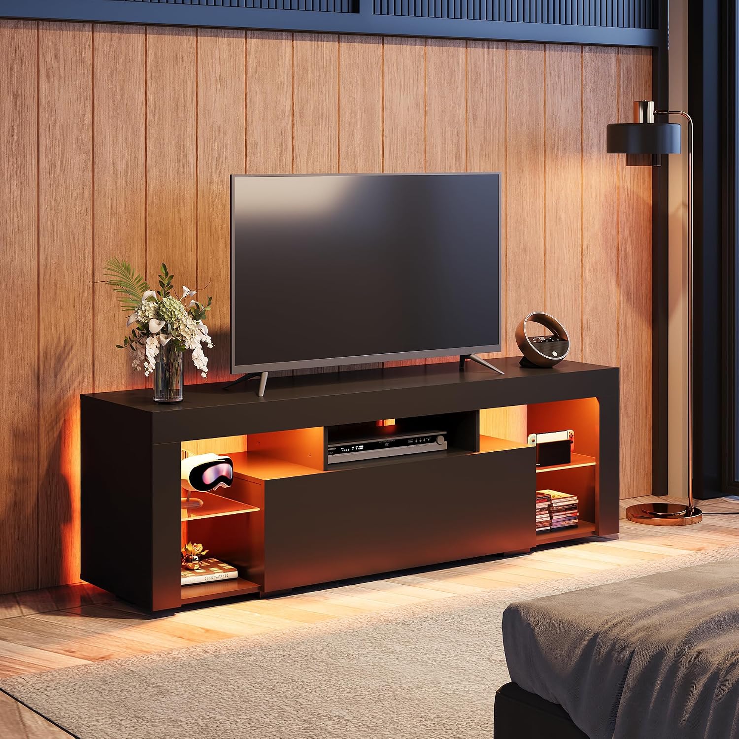 WLIVE TV Stand with LED Lights & 2 Large Storage Drawers, Modern Entertainment Center for 32/43/50/55/60 Inchs TVs, Sturdy TV Console for Living Room, Bedroom(Black)