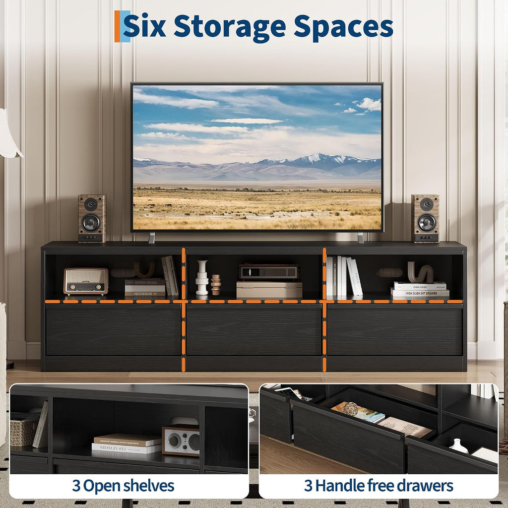 IDEALHOUSE 70 inch TV Stand for 80' TVs, Mid Century Modern Entertainment Center with Storage Drawer & Open Shelves, Wood Media Console Cabinet for Living Room/Bedroom, Black