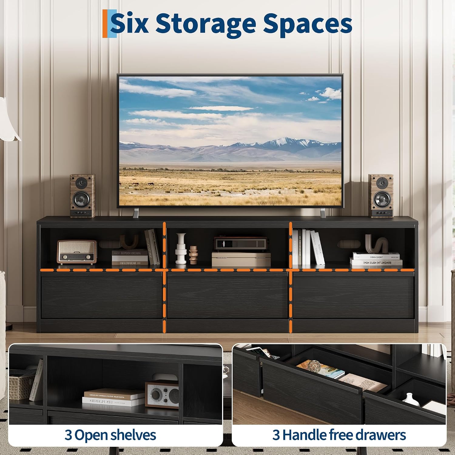 IDEALHOUSE 70 inch TV Stand for 80' TVs, Mid Century Modern Entertainment Center with Storage Drawer & Open Shelves, Wood Media Console Cabinet for Living Room/Bedroom, Black