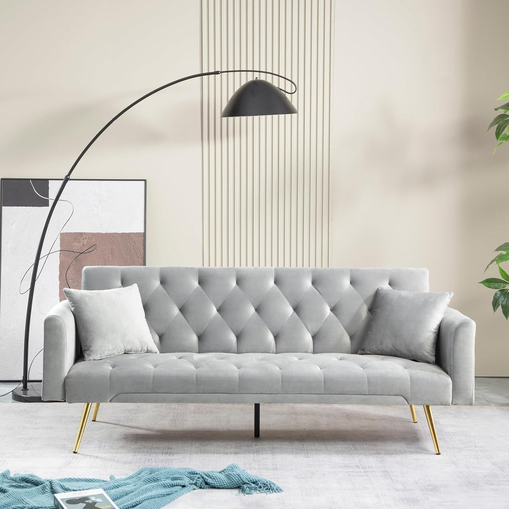 71.65'' Convertible Sofa Bed Modern Futon Set, Velvet Foldable Reclining Loveseat, Three Adjustment Angles,Mid Century Modern Couches for Living Room/Bedroom/Apartment, Easy Assembly,Grey