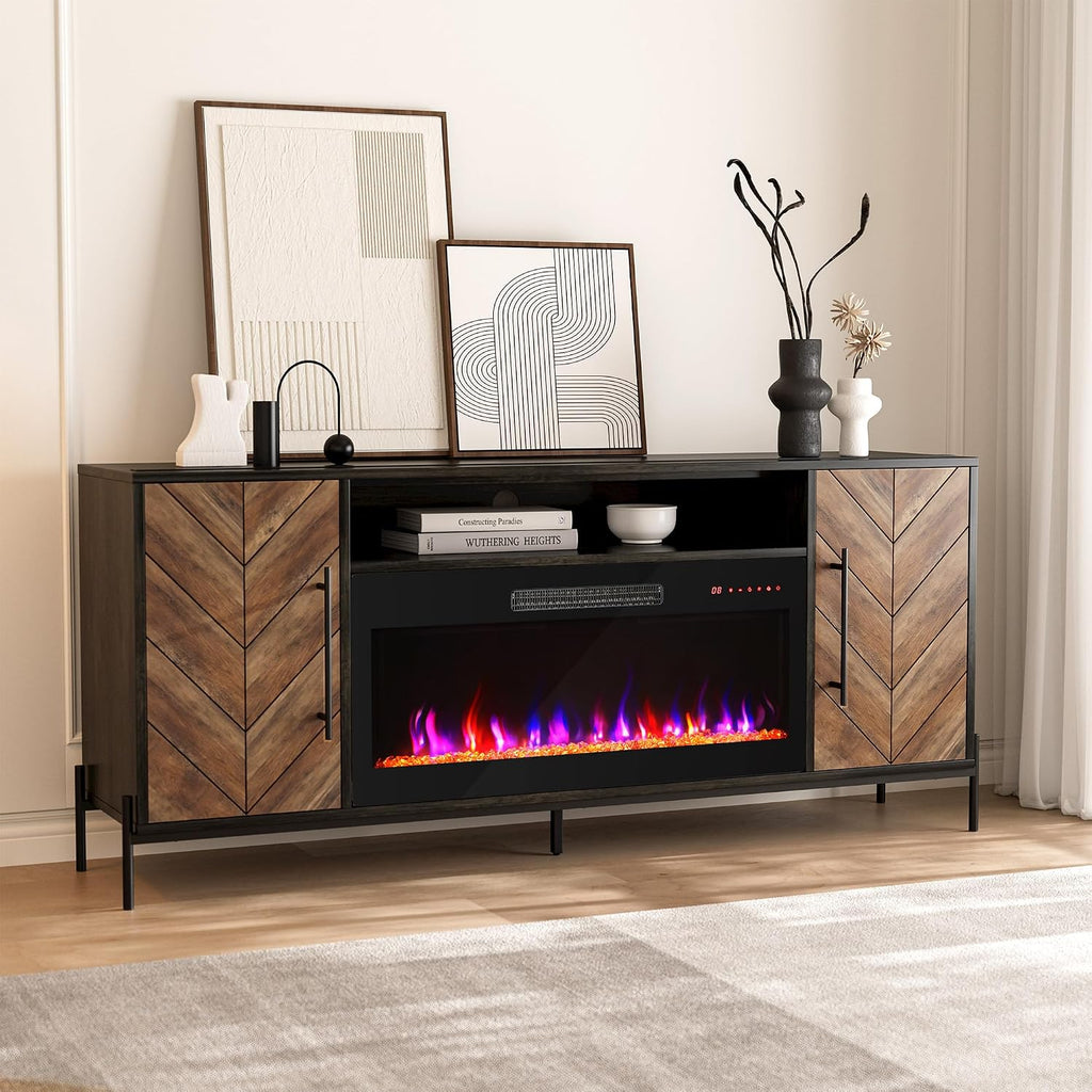 BELLEZE 68' TV Stand with 36' Electric Fireplace Heater, Entertainment Center with Storage Cabinet, Console Table for TVs up to 75' for Living Room, Bedroom - Harper (Black Ebony)