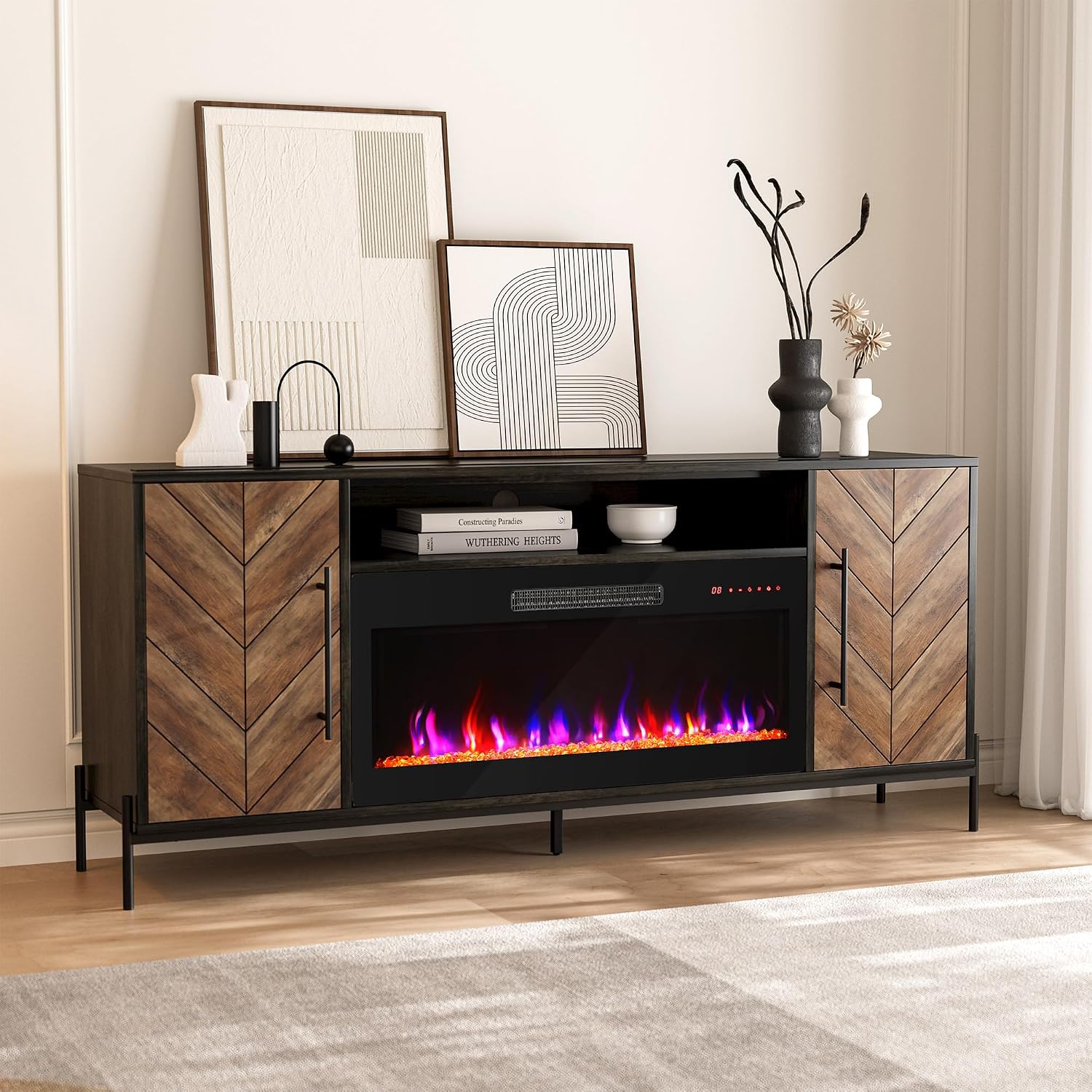 BELLEZE 68' TV Stand with 36' Electric Fireplace Heater, Entertainment Center with Storage Cabinet, Console Table for TVs up to 75' for Living Room, Bedroom - Harper (Black Ebony)