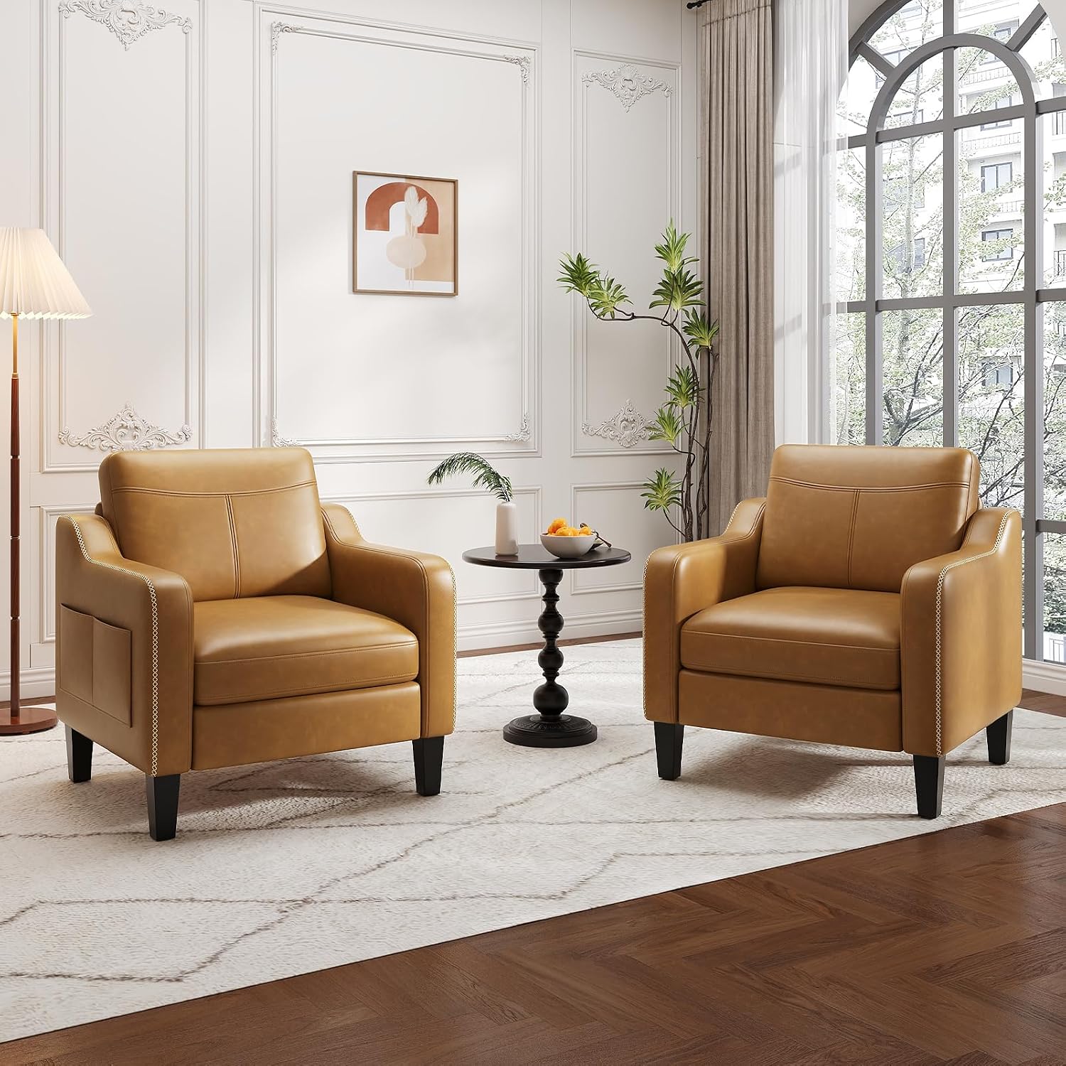 MALOL PU Leather Accent Chair, Mid-Century Modern Living Room Armchair Sofa with Removable Cushions, Solid Wood Frame & Stitched Armrest Design, Bedroom Chair with Plastic Legs, Brown