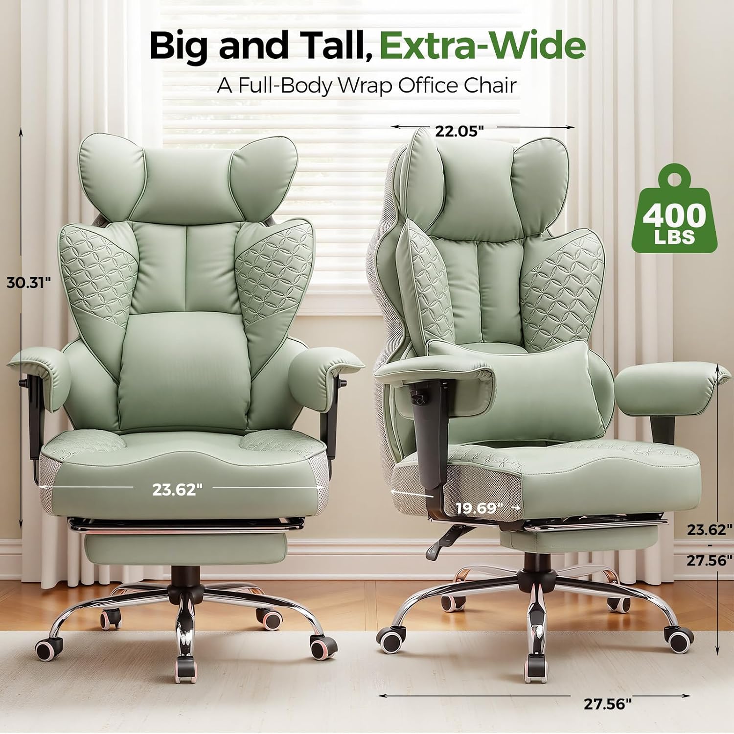 GTPOFFICE Big and Tall Office Chair 400LBS Wide Seat Computer Gaming Chair with Footrest & Comfy Lumbar Support, Leather High Back Executive Chair with Ergonomic Pressure Relief Seat Cushion, Green