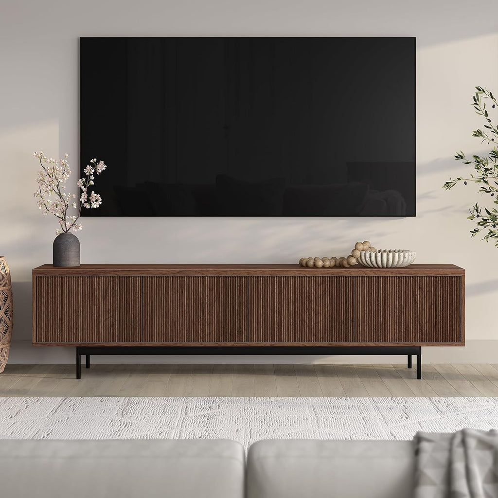 Henn&Hart Fluted TV Stand for TVs up to 85' with 2 Open-Concept Ribbed Storage Cabinets for Living Room, Family Room, or Office, Medium Walnut