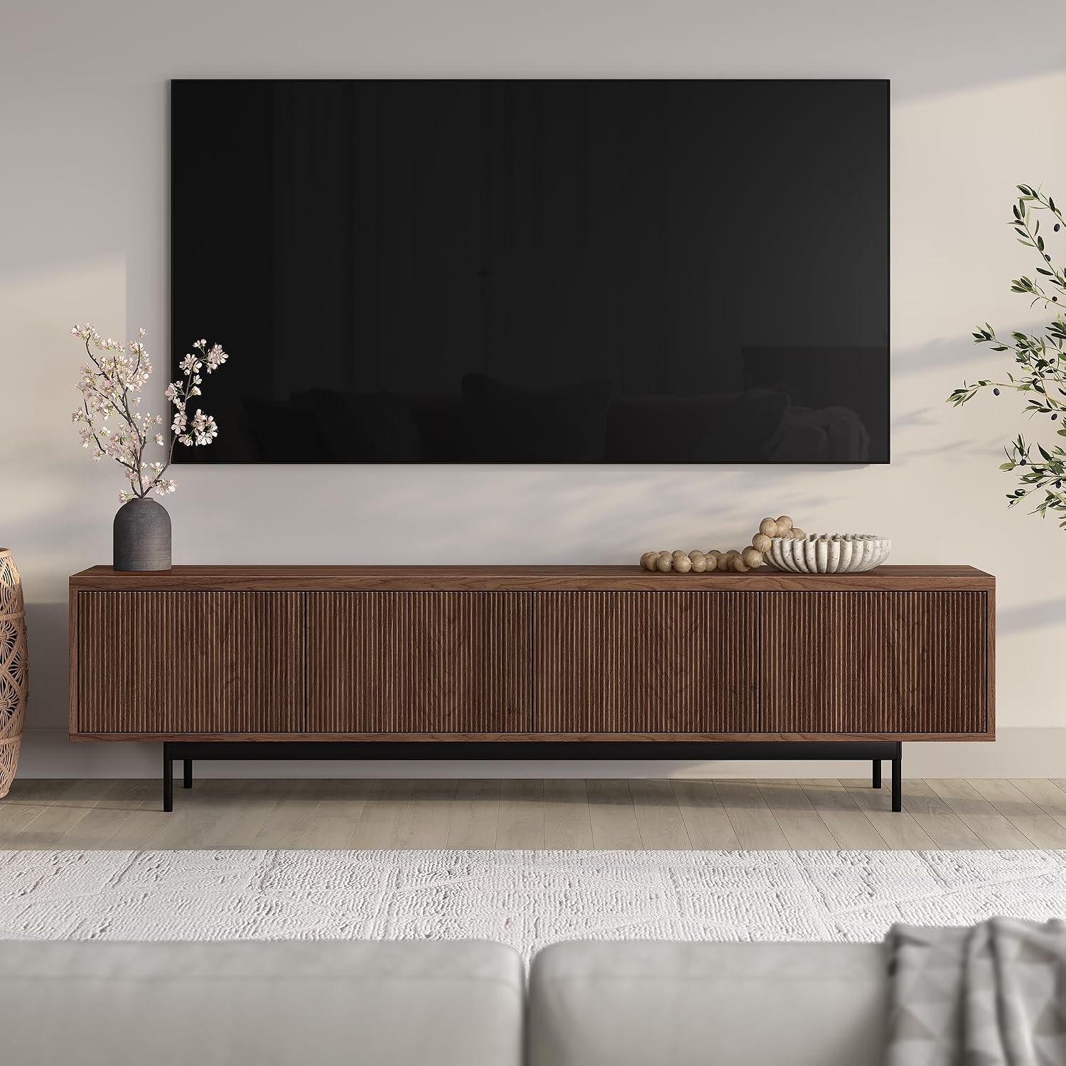 Henn&Hart Fluted TV Stand for TVs up to 85' with 2 Open-Concept Ribbed Storage Cabinets for Living Room, Family Room, or Office, Medium Walnut
