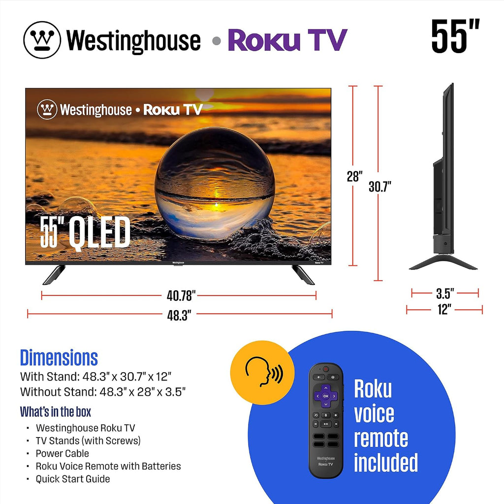 Westinghouse Roku TV - 55 Inch Smart TV, 4K UHD QLED Television w/HDR 10+, Dolby Vision, Wi-Fi & Mobile App Connectivity, Flat Screen Compatible w/Apple HomeKit, Alexa, & Google Assistant