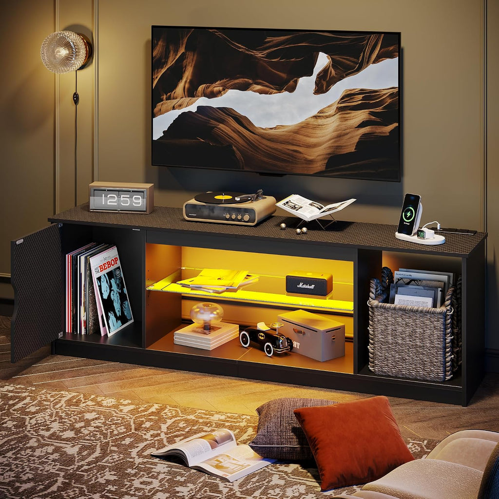 Bestier TV Stand with Power Outlets for Bedroom, Gaming TV Stand for 65inch TV, Black Entertainment Center for PS5, TV Console with Adjustable Glass Shelves for Living Room, Black