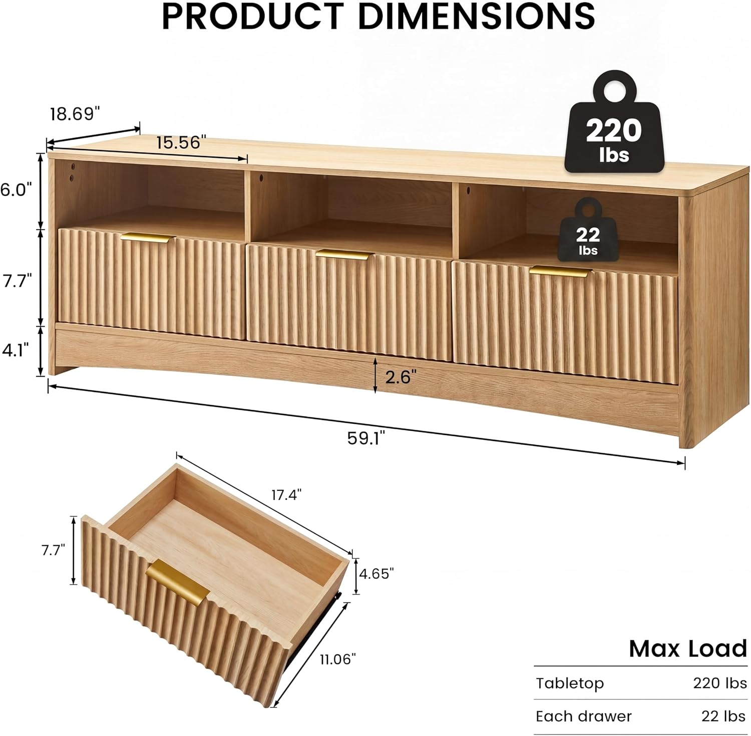 AMADA HOMEFURNISHING Fluted TV Stand for TVs Up to 65″, Mid-Century Modern Entertainment Center with Storage Drawers and Open Shelf, TV Console for Living Room or Bedroom, Natural Oak