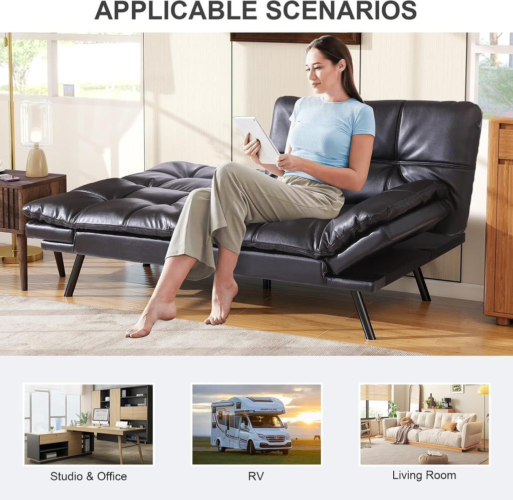 Vipbear Futon Sofa Bed Couch, 71' Convertible Sofa Bed, Space-Saving Loveseat with Adjustable Backrest & Armrest for Living Room,Apartment,Office,Black Sleeper Sofa