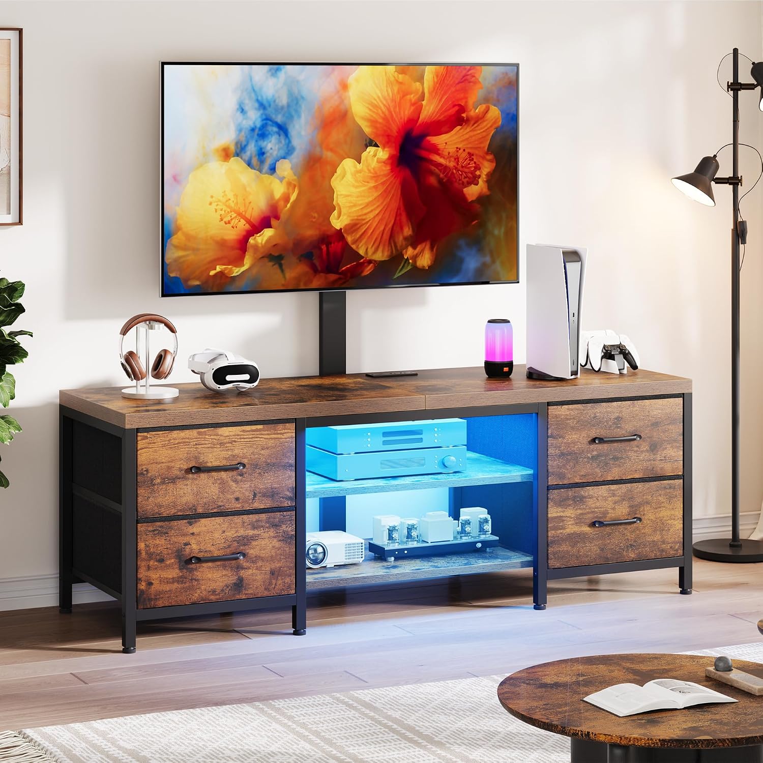 LED TV Stand for Living Room, with Mount, Power Outlet and Fabric Drawers, Entertainment Center w/Height Adjustable TV Mount for 26''-63'' TVs, Industrial Media Console w/Open Storage Shelves