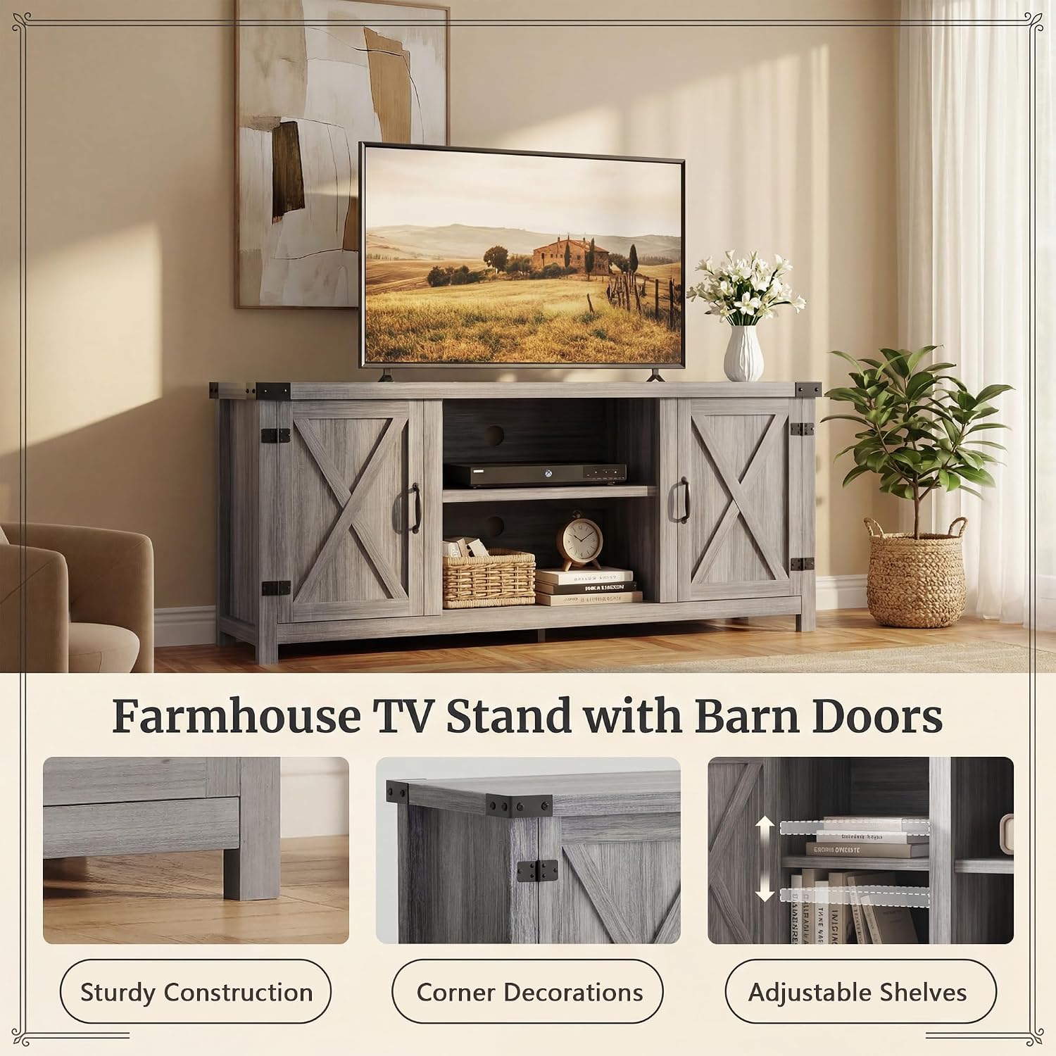 YESHOMY Modern Farmhouse TV Stand with Two Barn Doors and Storage Cabinets for Televisions up to 65+ Inch,Entertainment Center Console Table,Media Furniture for Living Room,Gray & Rustic