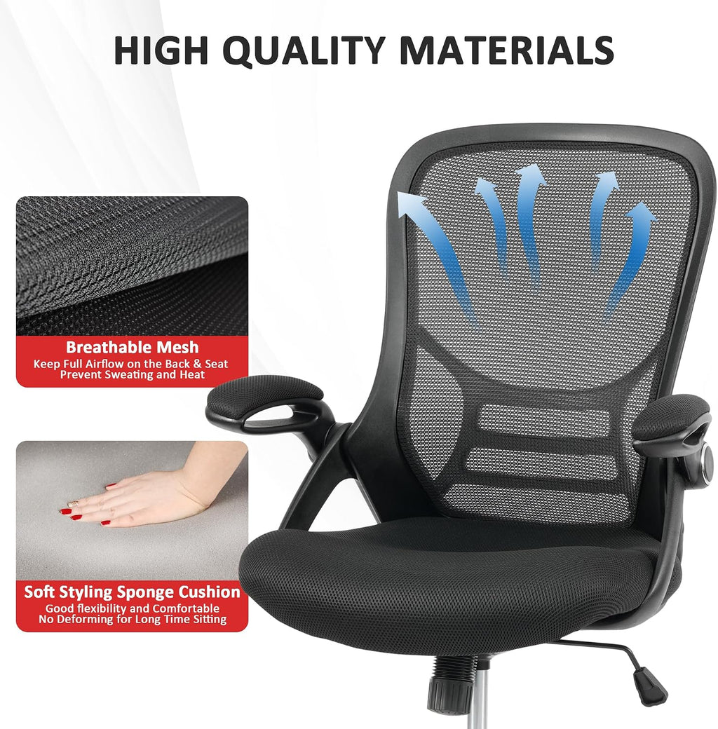HYLONE Office Chair Ergonomic Chair with Flip up Armrests, Thickened Seat Computer Chair with Breathable Mesh Back Home Office Computer Chairs for Long Hours Mesh Office Chair(Black)