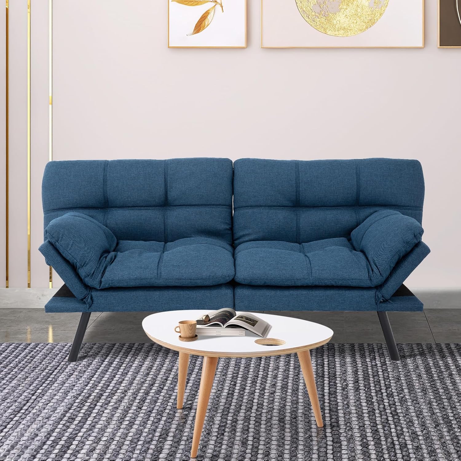 MUUEGM Futon Sofa Bed Couch Sofa, Memory Foam Futon Sleeper Sofa Loveseat Convertible Couch Bed for Small Compact Spaces, Apartment, Blue.