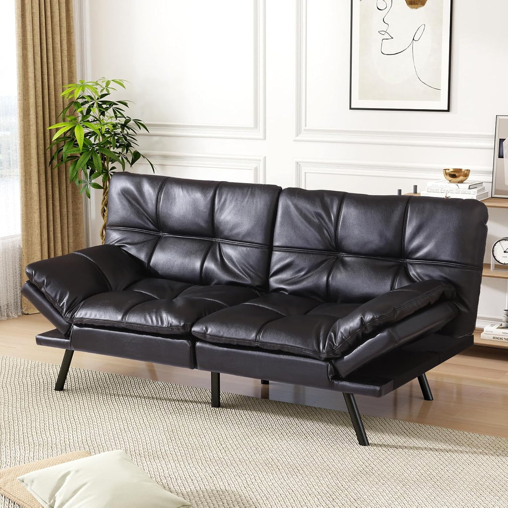 Vipbear Futon Sofa Bed Couch, 71' Convertible Sofa Bed, Space-Saving Loveseat with Adjustable Backrest & Armrest for Living Room,Apartment,Office,Black Sleeper Sofa