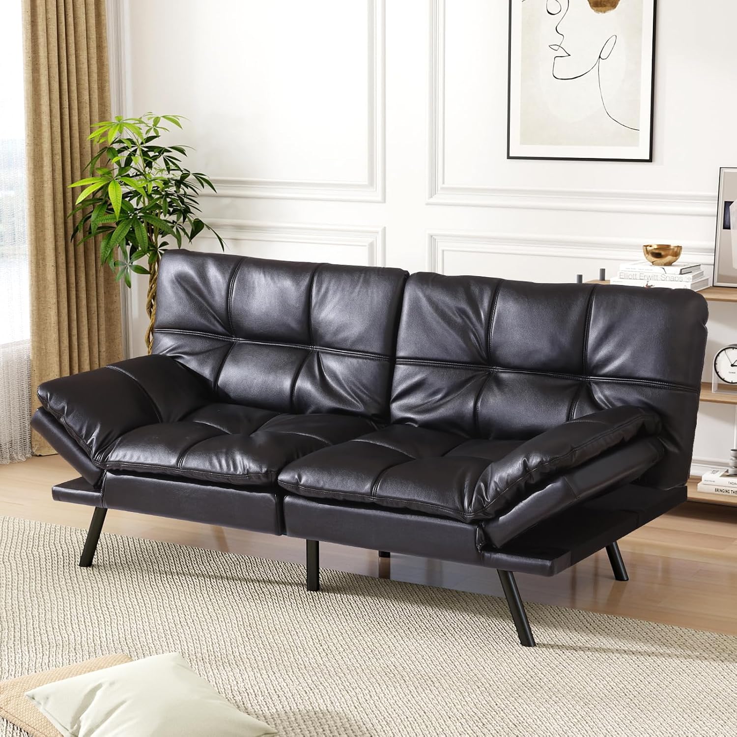 Vipbear Futon Sofa Bed Couch, 71' Convertible Sofa Bed, Space-Saving Loveseat with Adjustable Backrest & Armrest for Living Room,Apartment,Office,Black Sleeper Sofa