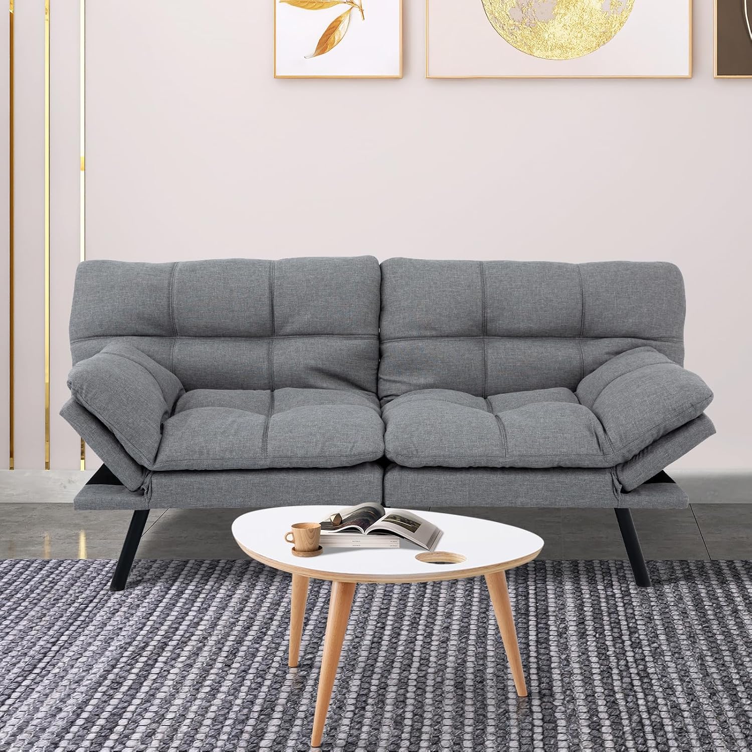 MUUEGM Futon Sofa Bed Couch Sofa, Memory Foam Futon Sleeper Sofa Loveseat Convertible Couch Bed for Small Compact Spaces, Apartment,Light Grey.