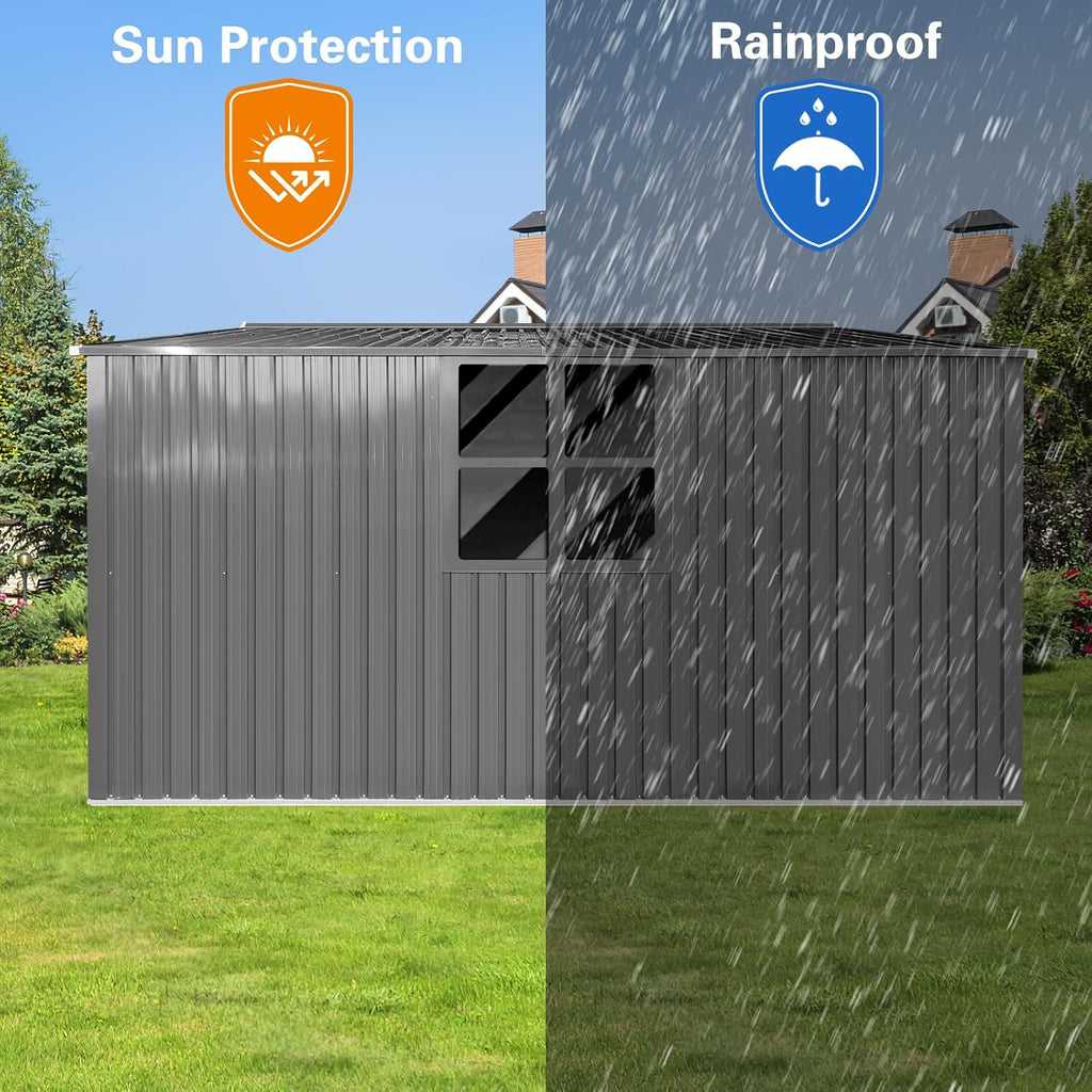 YOPTO 11x13 FT Outdoor Storage Shed,Metal Waterproof Tool House with Firewood Shed and 2 Integrated Punched Vents,2-in-1 Garden Storager Apex Roof Shelter w/Window & Door for Wood,Bicycles,Grey