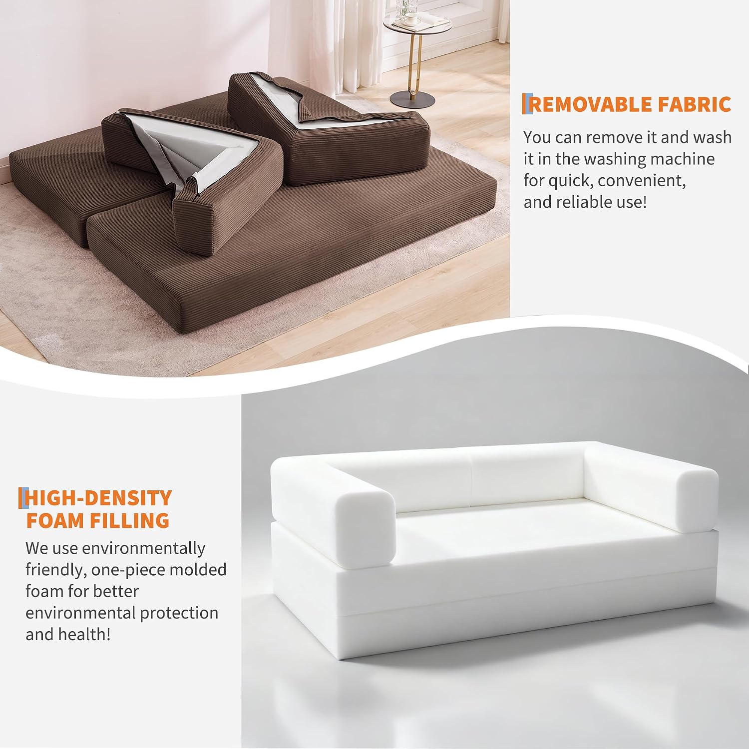 Garvee 5-in-1 Convertible Sofa Bed, 78.8' Modular Corduroy Sleeper with Sturdy Frame & No Assembly, Multi-Functional Futon for Small Space, Living Room & Guest Room (Brown)